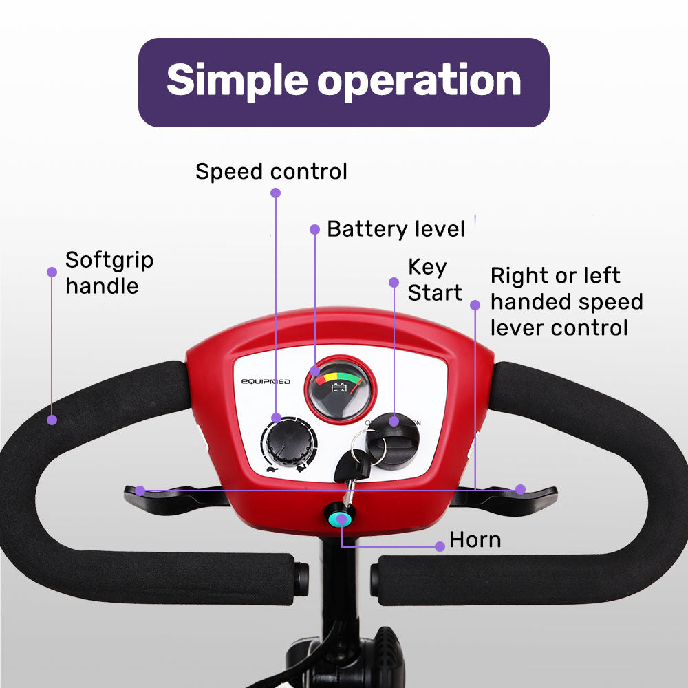 Hlpmedical EQUIPMED electric mobility scooter with 4-wheel folding design, portable motorized scooter for enhanced mobility and accessibility.