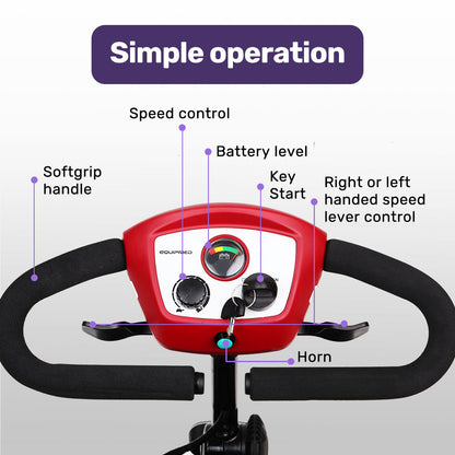 Hlpmedical EQUIPMED electric mobility scooter with 4-wheel folding design, portable motorized scooter for enhanced mobility and accessibility.