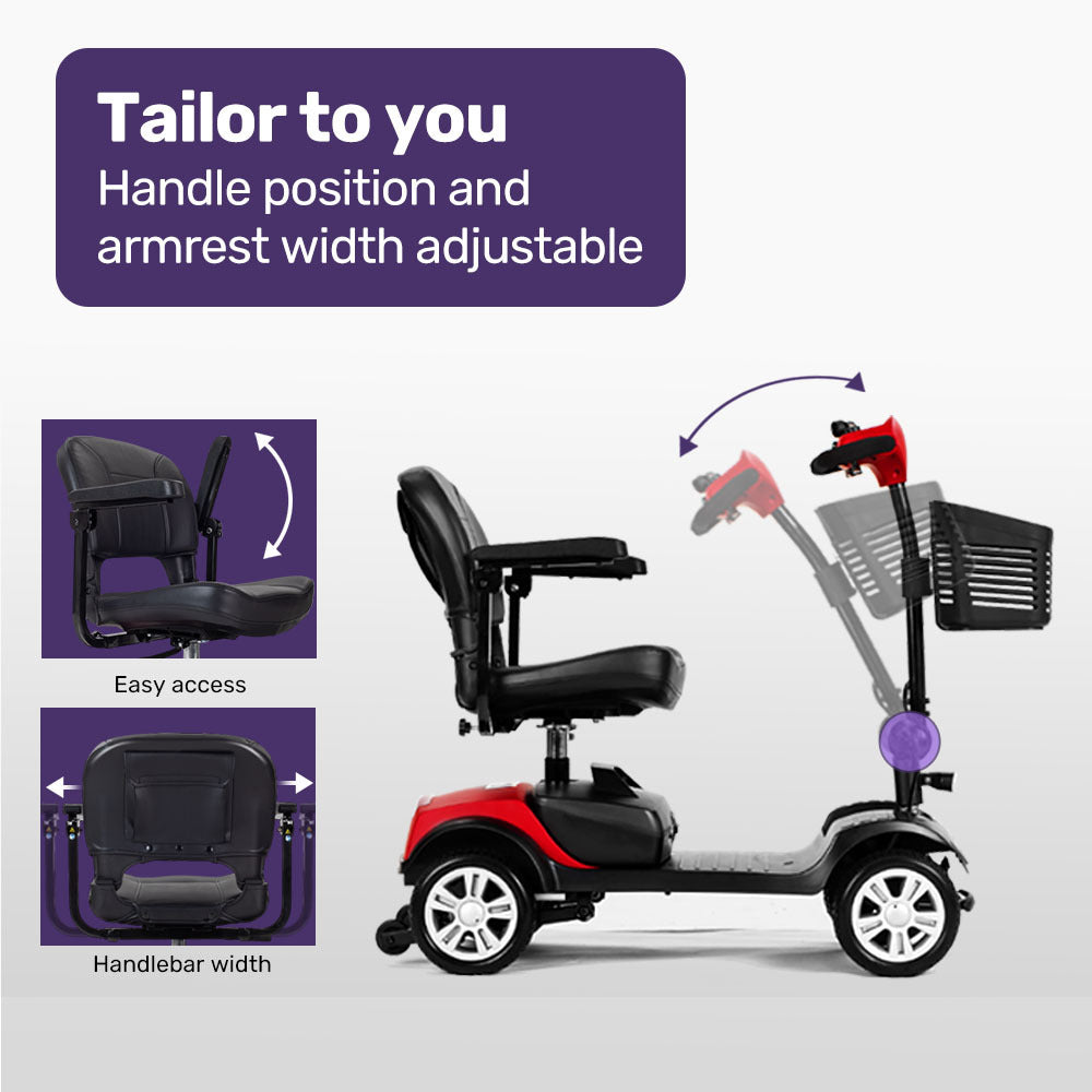 Hlpmedical EQUIPMED electric mobility scooter with 4 wheels, foldable design, portable, for enhanced mobility and independence.