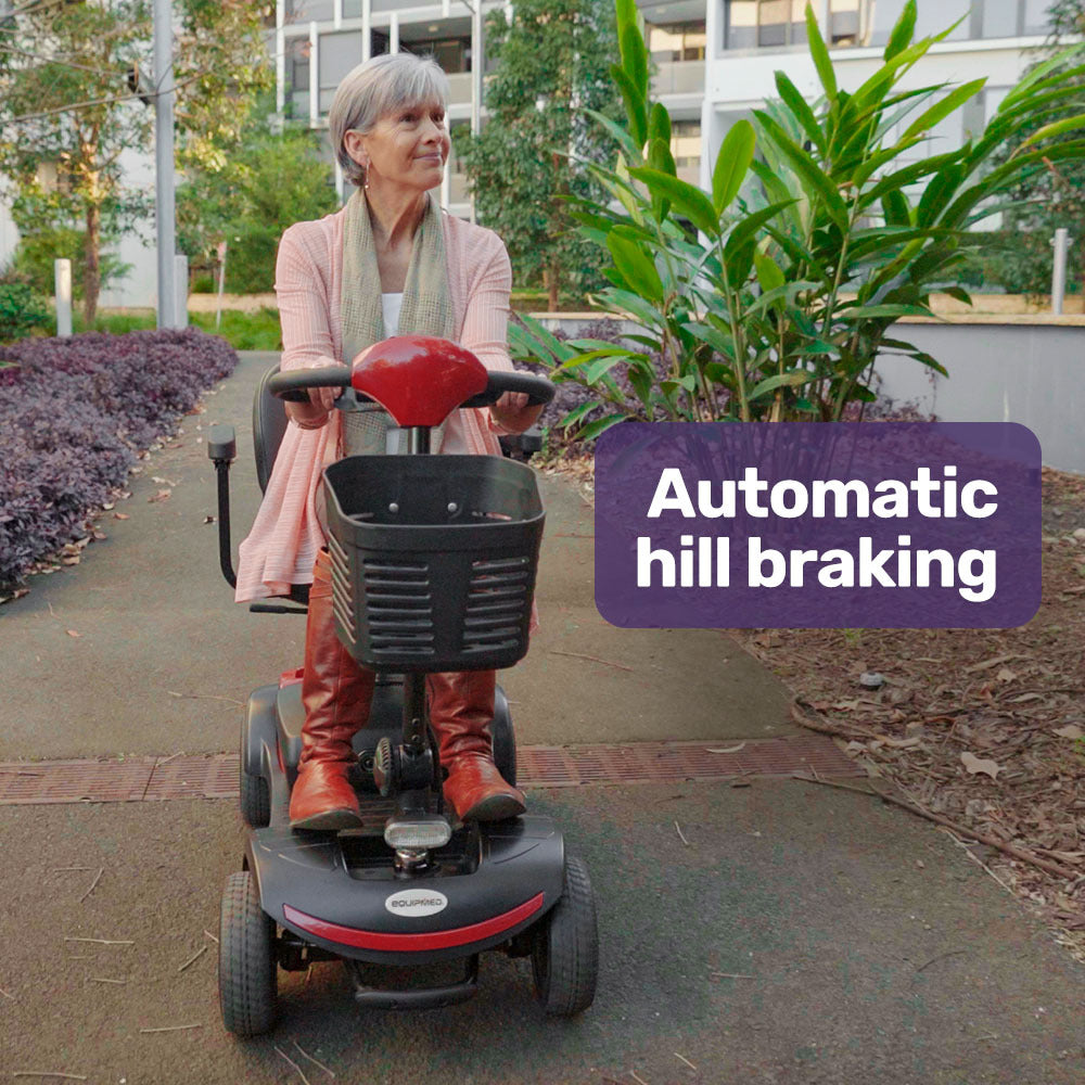 Hlpmedical EQUIPMED mobility scooter with 4 wheels, electric motor, portable design, foldable for easy transport and accessibility.