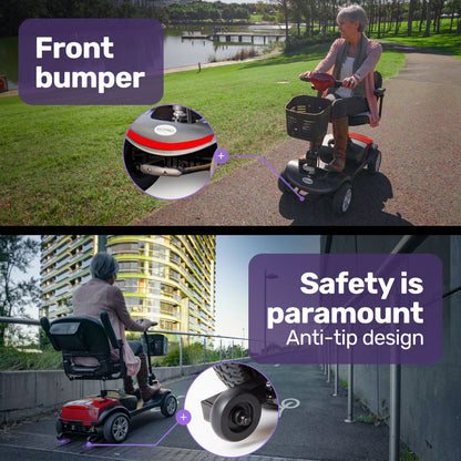 Hlpmedical EQUIPMED electric mobility scooter with 4 wheels, foldable and portable for easy transportation and access.