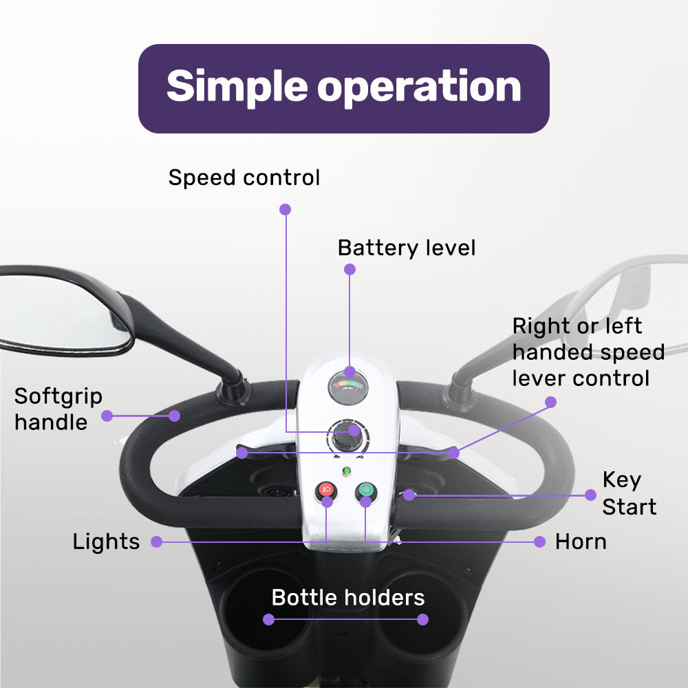 Hlpmedical EQUIPMED electric mobility scooter for elderly adults with four-wheel design and comfortable seating for easy mobility.