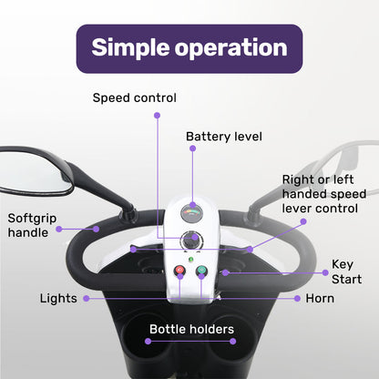 Hlpmedical EQUIPMED electric mobility scooter for elderly adults with four-wheel design and comfortable seating for easy mobility.