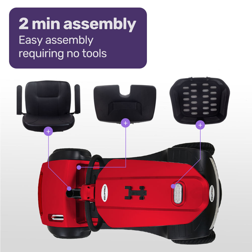 Hlpmedical EQUIPMED electric mobility scooter for elderly adults with four-wheel design and comfortable seat for easy mobility.