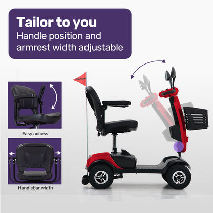 Hlpmedical EQUIPMED electric mobility scooter for elderly adults, four-wheel motorized wheelchair with comfortable seat and controls.