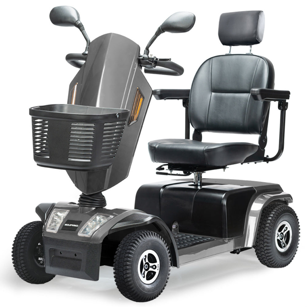 Hlpmedical EQUIPMED mobility scooter in grey, S-XXL size, showing the comfortable seat and sturdy build for all riders.