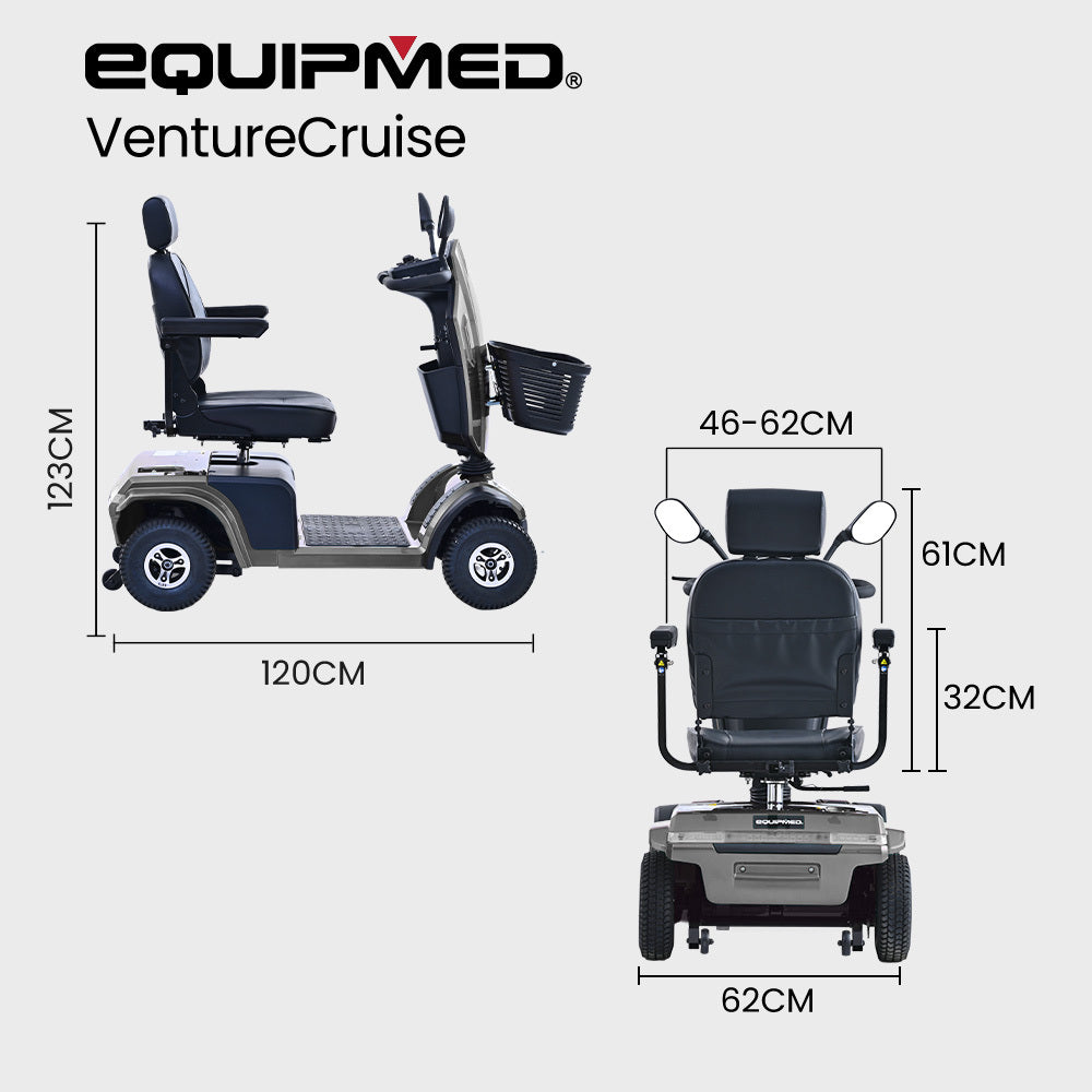 Hlpmedical EQUIPMED mobility scooter in grey with comfortable seat, large size, 30km range, 180kg capacity for all riders.
