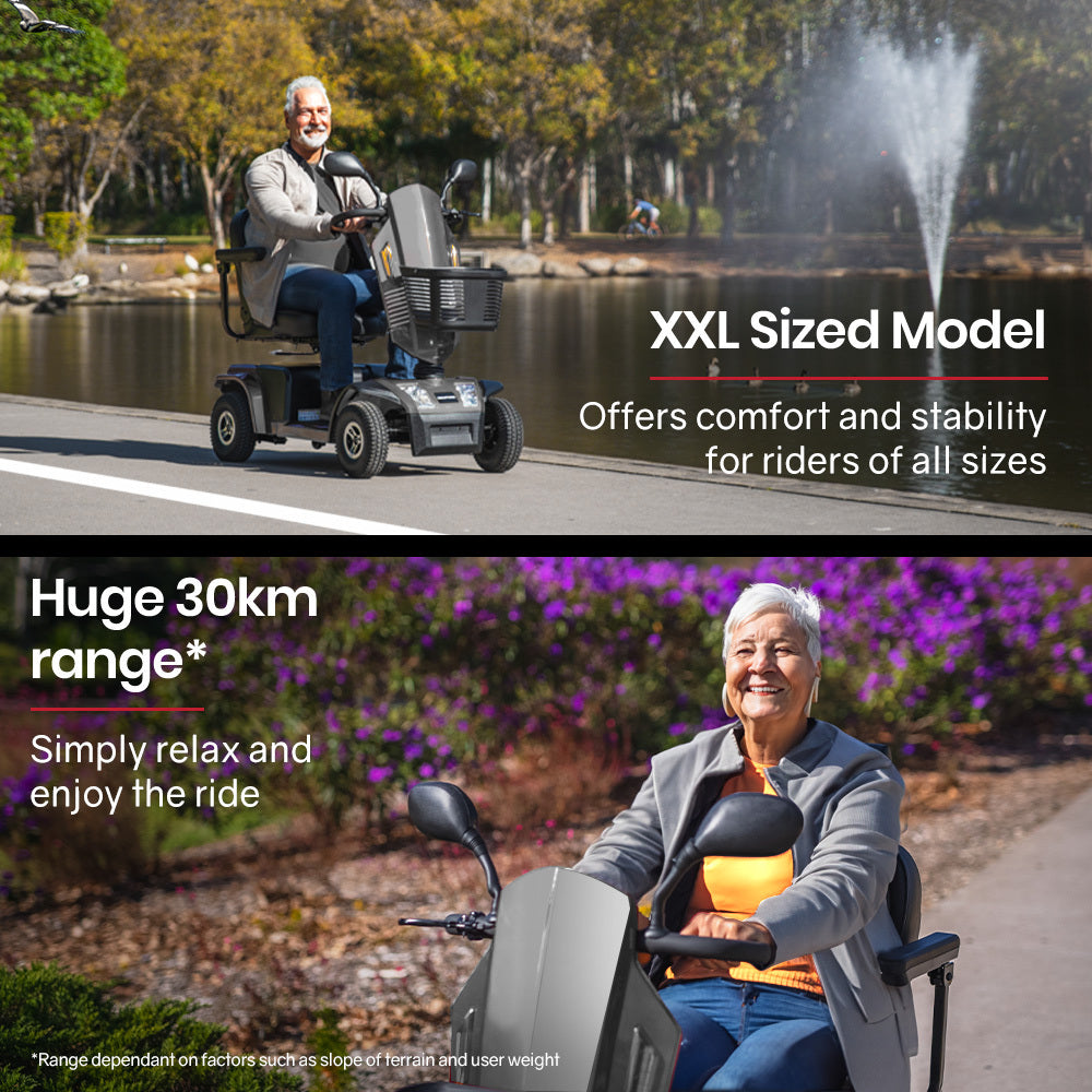 Hlpmedical EQUIPMED mobility scooter in grey, S-XXL size, designed for comfort, with 30km range and 180kg weight capacity.