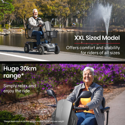 Hlpmedical EQUIPMED mobility scooter in grey, S-XXL size, designed for comfort, with 30km range and 180kg weight capacity.