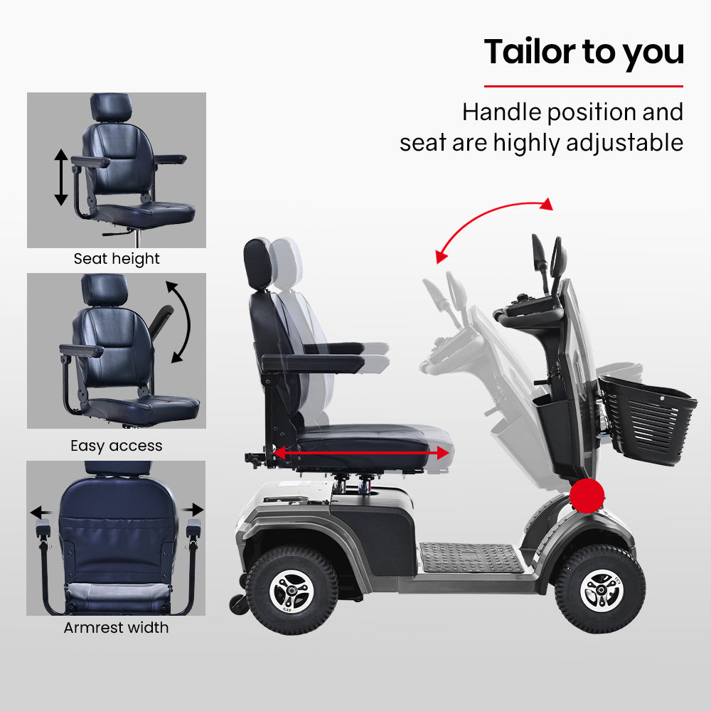 Hlpmedical EQUIPMED mobility scooter in grey with comfortable seat, showing a sturdy design and controls for all riders.