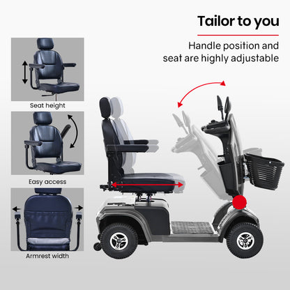Hlpmedical EQUIPMED mobility scooter in grey with comfortable seat, showing a sturdy design and controls for all riders.