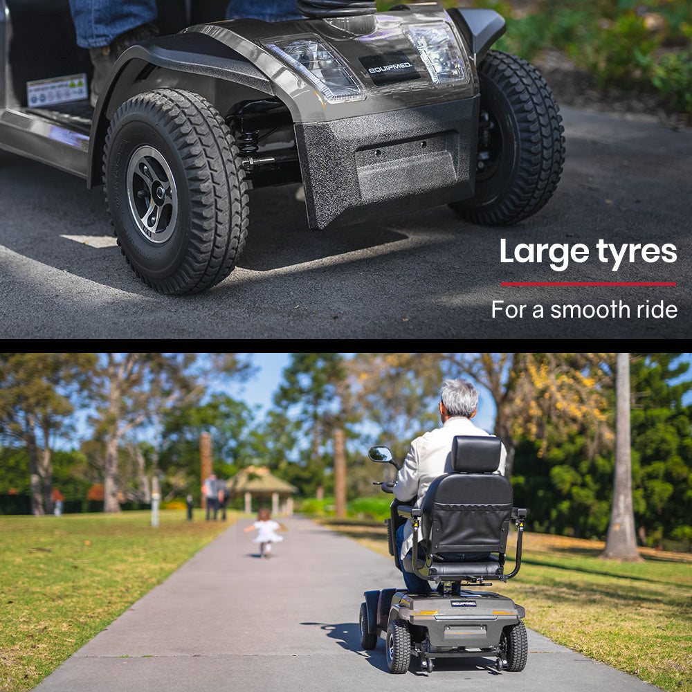 Hlpmedical EQUIPMED mobility scooter in grey with comfortable seat, showcasing its sturdy design and large size for all riders.