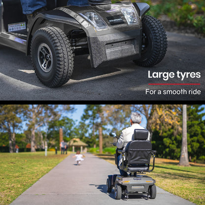 Hlpmedical EQUIPMED mobility scooter in grey with comfortable seat, showcasing its sturdy design and large size for all riders.