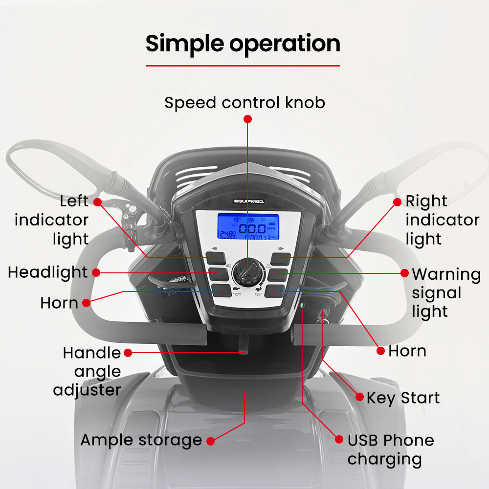 Grey EQUIPMED Mobility Scooter by Hlpmedical with comfortable design, 30km range, 180kg capacity, suitable for all riders.