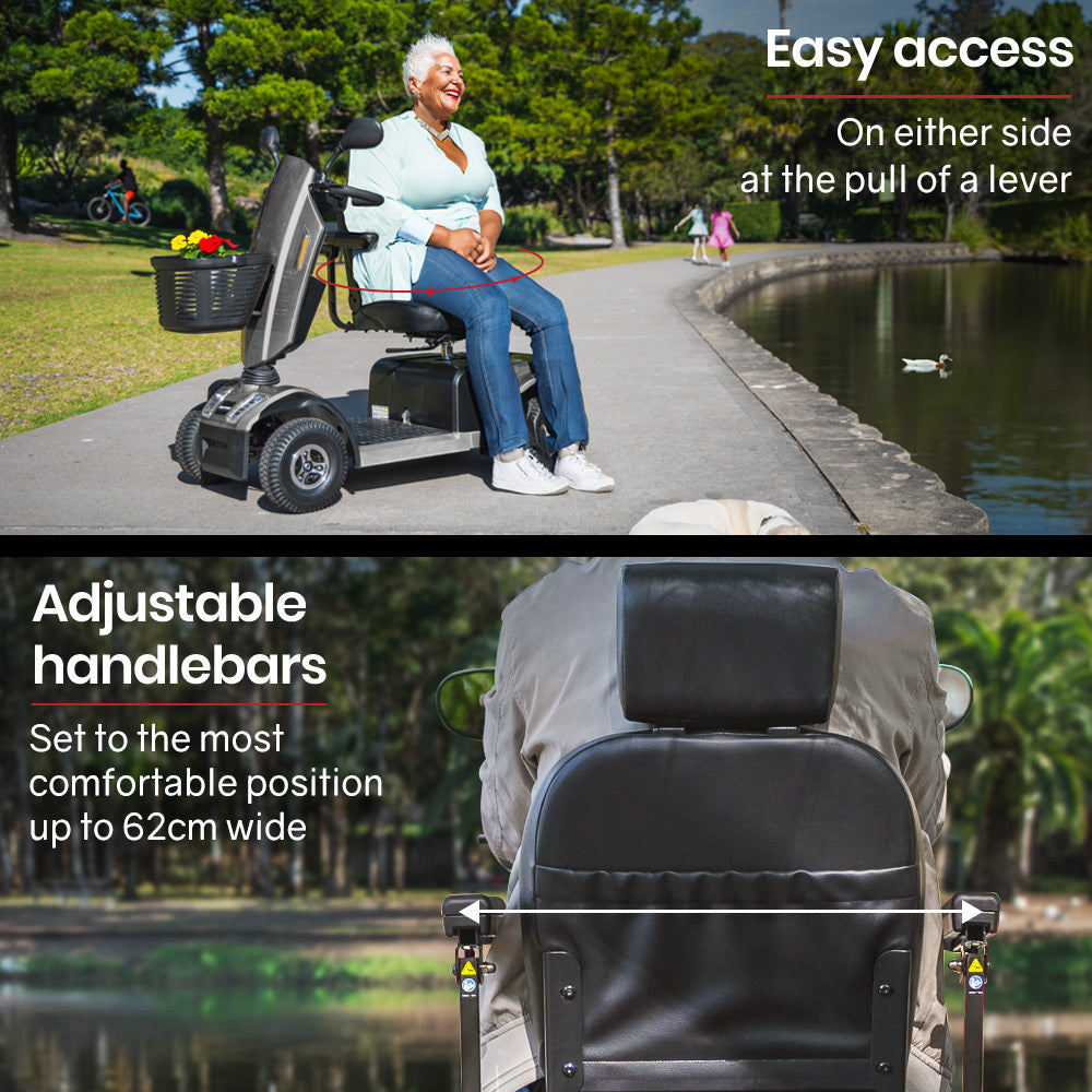 Hlpmedical EQUIPMED Mobility Scooter in grey, S-XXL size, designed for all riders, with 30km range and 180kg capacity.