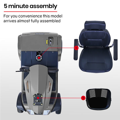 Hlpmedical EQUIPMED mobility scooter in grey, S-XXL size, designed for all riders with 30km range and 180kg capacity.