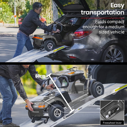 Hlpmedical EQUIPMED mobility scooter in grey with comfortable seat, suitable for all riders, 30km range, 180kg capacity.