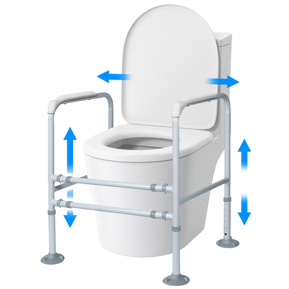 Equipmed over toilet support frame by Hlpmedical with safety grab rail, adjustable height and width, supports up to 125kg.