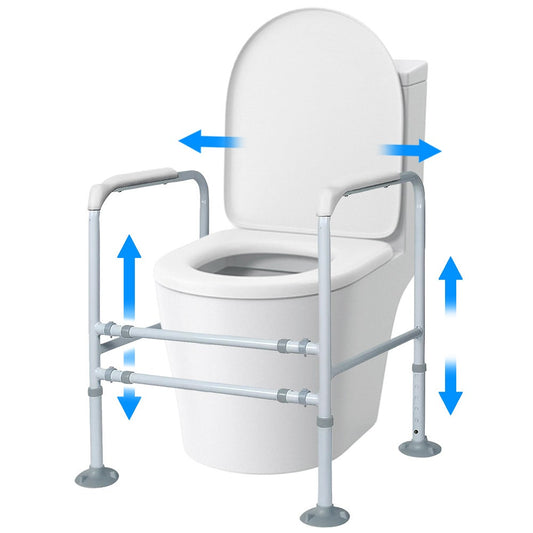 Equipmed over toilet support frame by Hlpmedical with safety grab rail, adjustable height and width, supports up to 125kg.