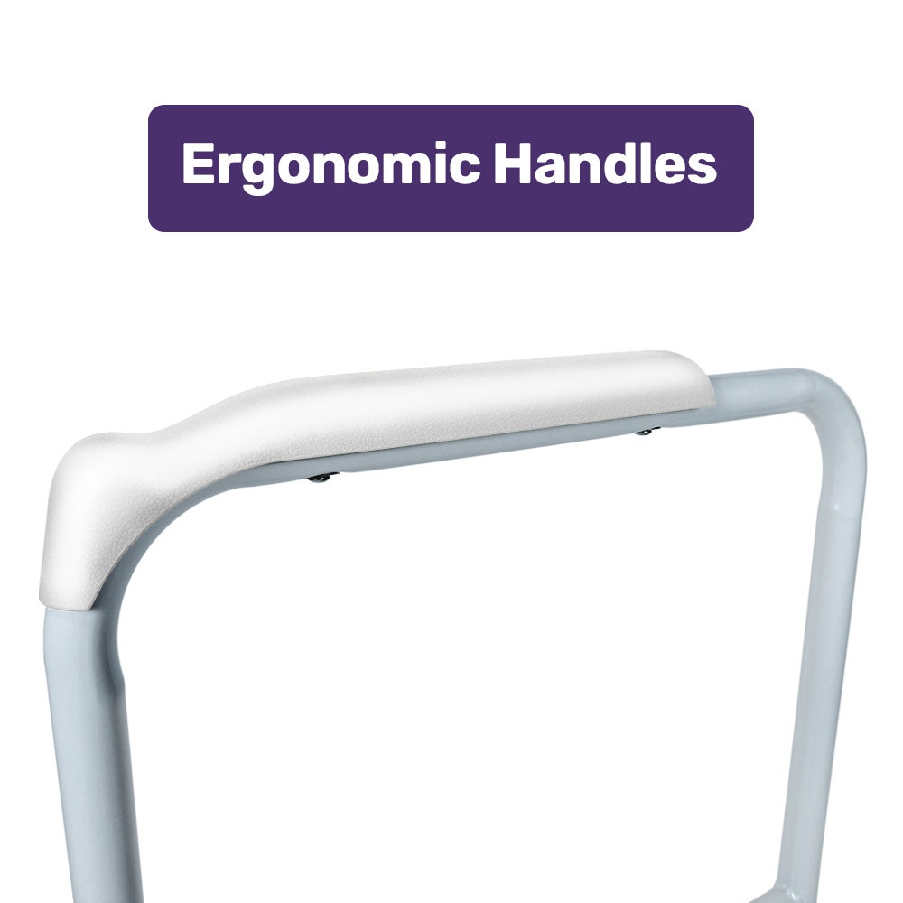 Equipmed over toilet support frame by Hlpmedical with safety grab rail, adjustable height and width, supports up to 125kg.