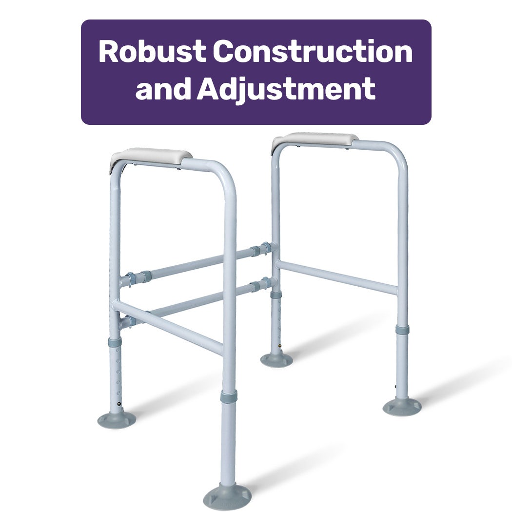 Hlpmedical Equipmed over toilet support frame with safety grab rail, adjustable height and width, supports up to 125kg, for mobility.