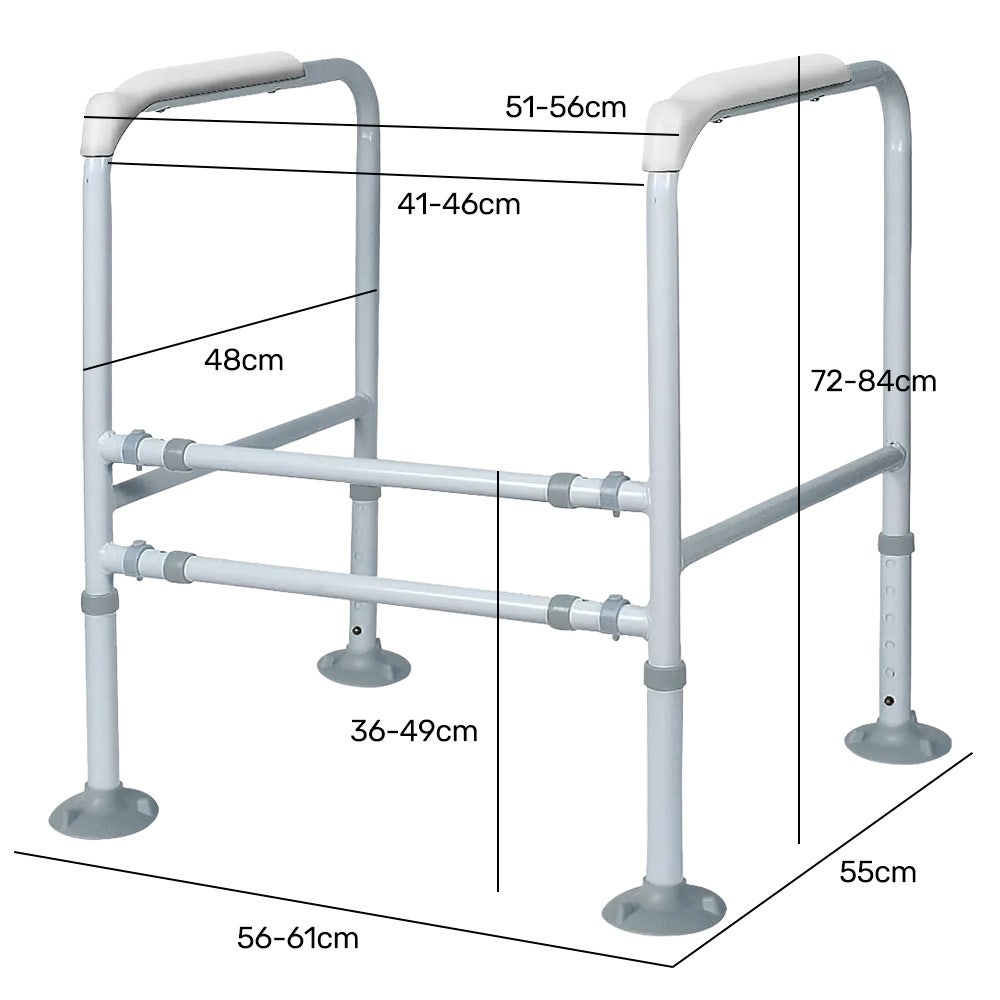 Equipmed over toilet support frame safety grab rail from Hlpmedical with adjustable height and width, supports up to 125kg.