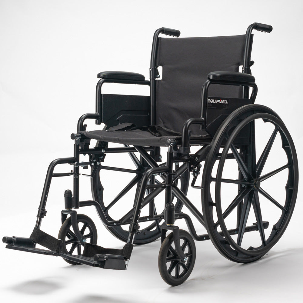 Black EQUIPMED portable folding wheelchair with 24-inch wheels, retractable armrests, suitable for up to 136kg capacity.