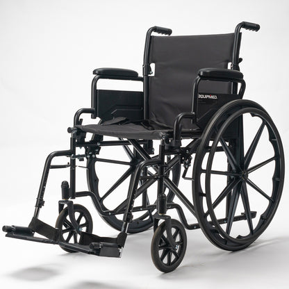 Black EQUIPMED portable folding wheelchair with 24-inch wheels, retractable armrests, suitable for up to 136kg capacity.