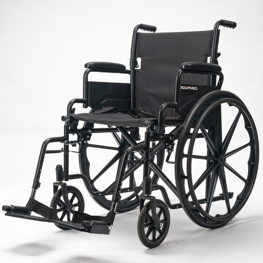 Black EQUIPMED portable folding wheelchair with 24-inch wheels, retractable armrests, suitable for up to 136kg capacity.
