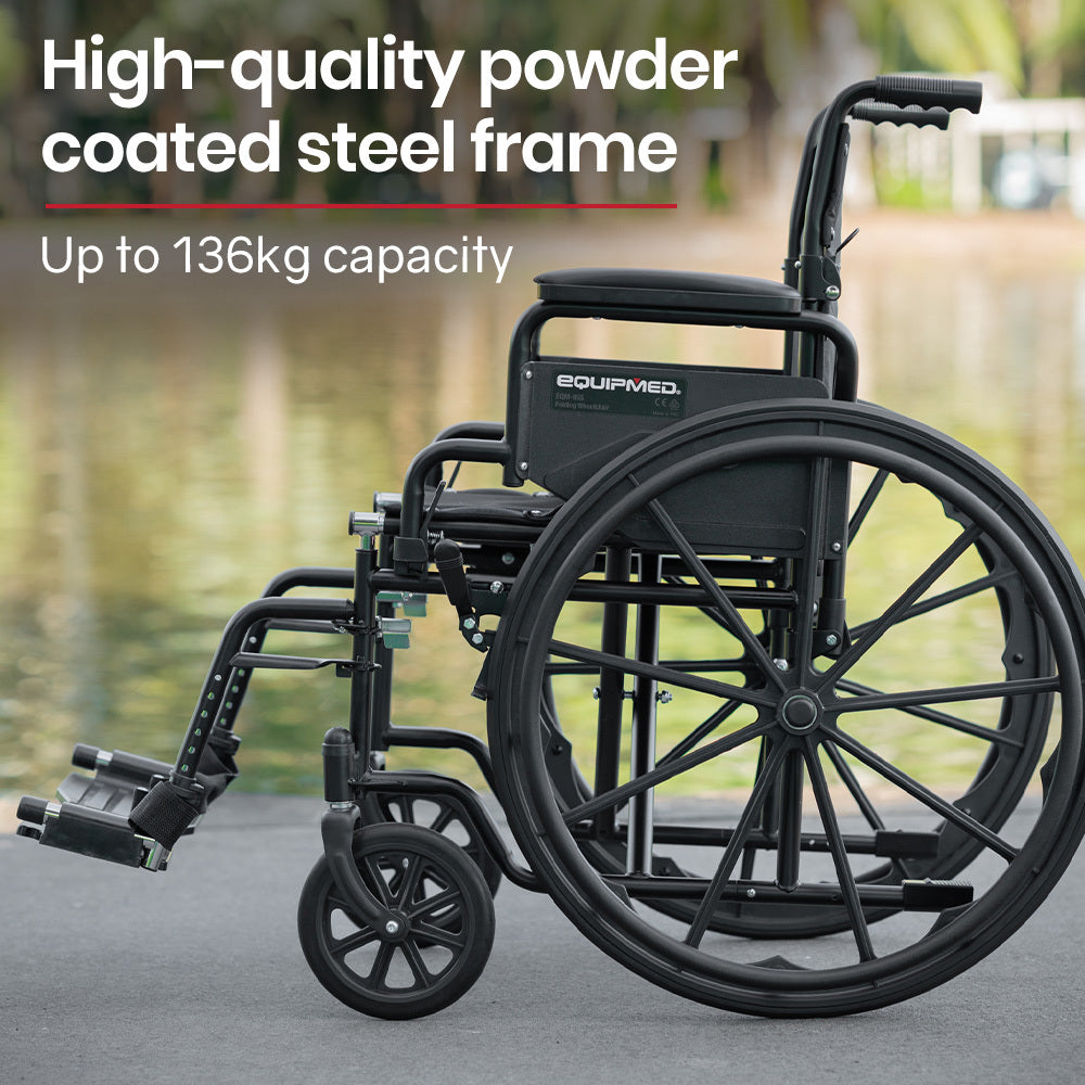 Black EQUIPMED portable folding wheelchair with 24-inch wheels, retractable armrests, and 136kg capacity suitable for mobility needs.