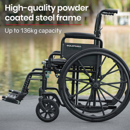 Black EQUIPMED portable folding wheelchair with 24-inch wheels, retractable armrests, and 136kg capacity suitable for mobility needs.
