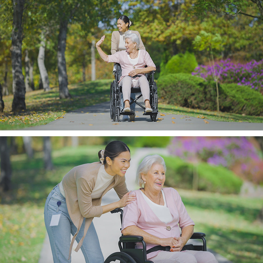 Black EQUIPMED Portable Folding Wheelchair with 24-inch wheels, retractable armrests, and 136kg capacity for mobility and accessibility.