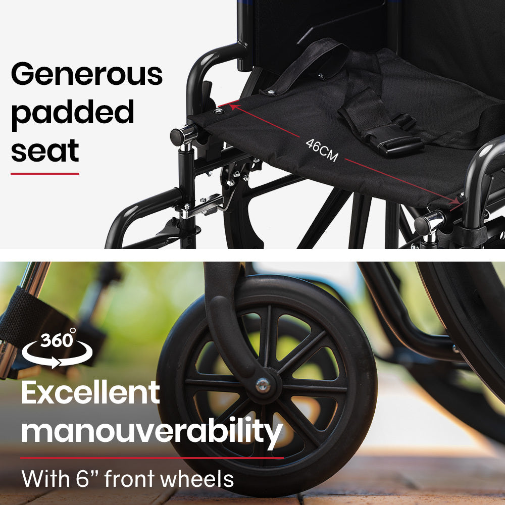Black EQUIPMED portable folding wheelchair with 24-inch wheels, retractable armrests, and 136kg capacity for mobility support.