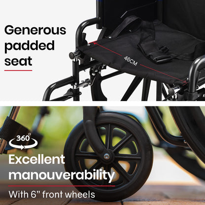 Black EQUIPMED portable folding wheelchair with 24-inch wheels, retractable armrests, and 136kg capacity for mobility support.
