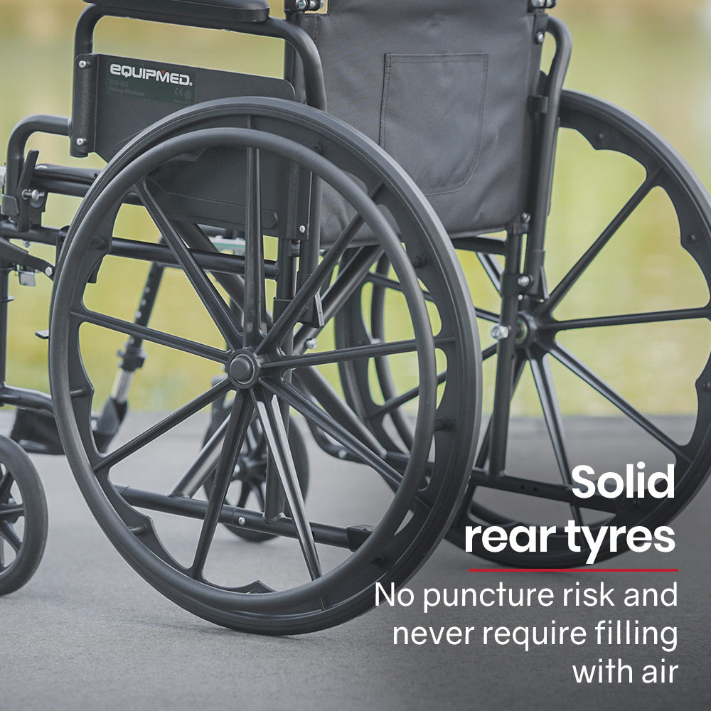 Hlpmedical EQUIPMED portable folding wheelchair with 24-inch wheels, black frame, retractable armrests, supports up to 136kg.