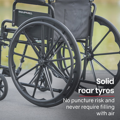 Hlpmedical EQUIPMED portable folding wheelchair with 24-inch wheels, black frame, retractable armrests, supports up to 136kg.