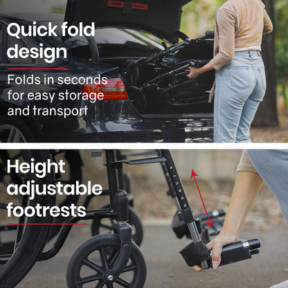 Portable EQUIPMED folding wheelchair with 24-inch wheels, black color, retractable armrests, suitable for up to 136kg capacity.