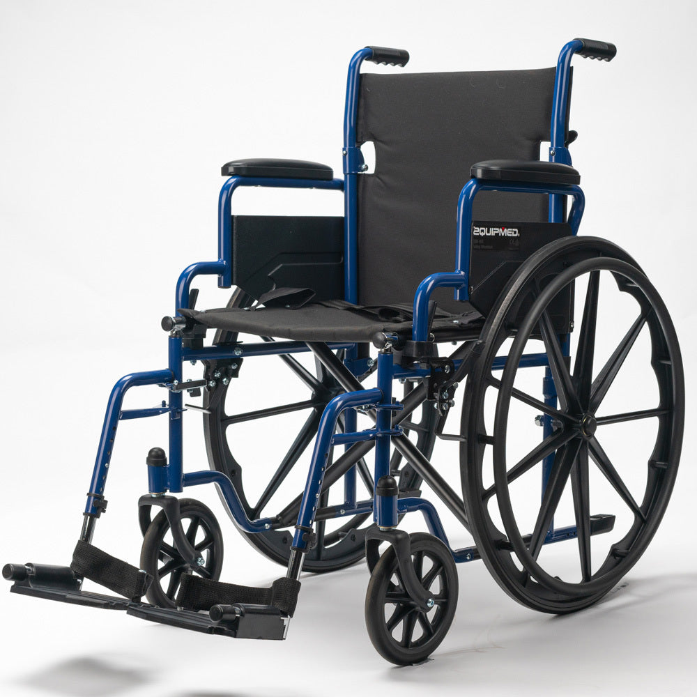 Blue EQUIPMED portable wheelchair with 24-inch wheels, lightweight design, and 136kg capacity for easy mobility and transport.