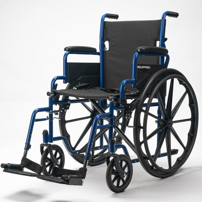 Blue EQUIPMED portable wheelchair with 24-inch wheels, lightweight design, and 136kg capacity for easy mobility and transport.