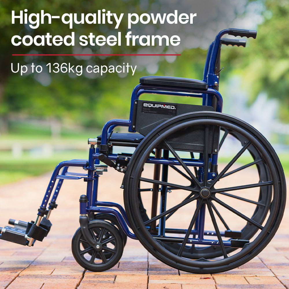 Blue EQUIPMED portable wheelchair with 24-inch wheels, lightweight design, and 136kg capacity for easy mobility and transport.