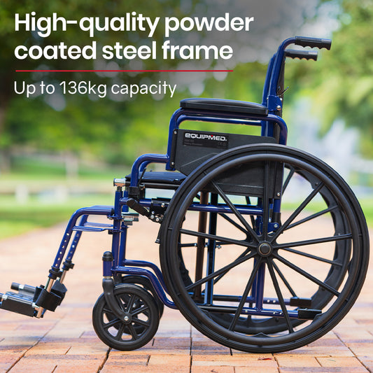 Blue EQUIPMED portable wheelchair with 24-inch wheels, lightweight design, and 136kg capacity for easy mobility and transport.