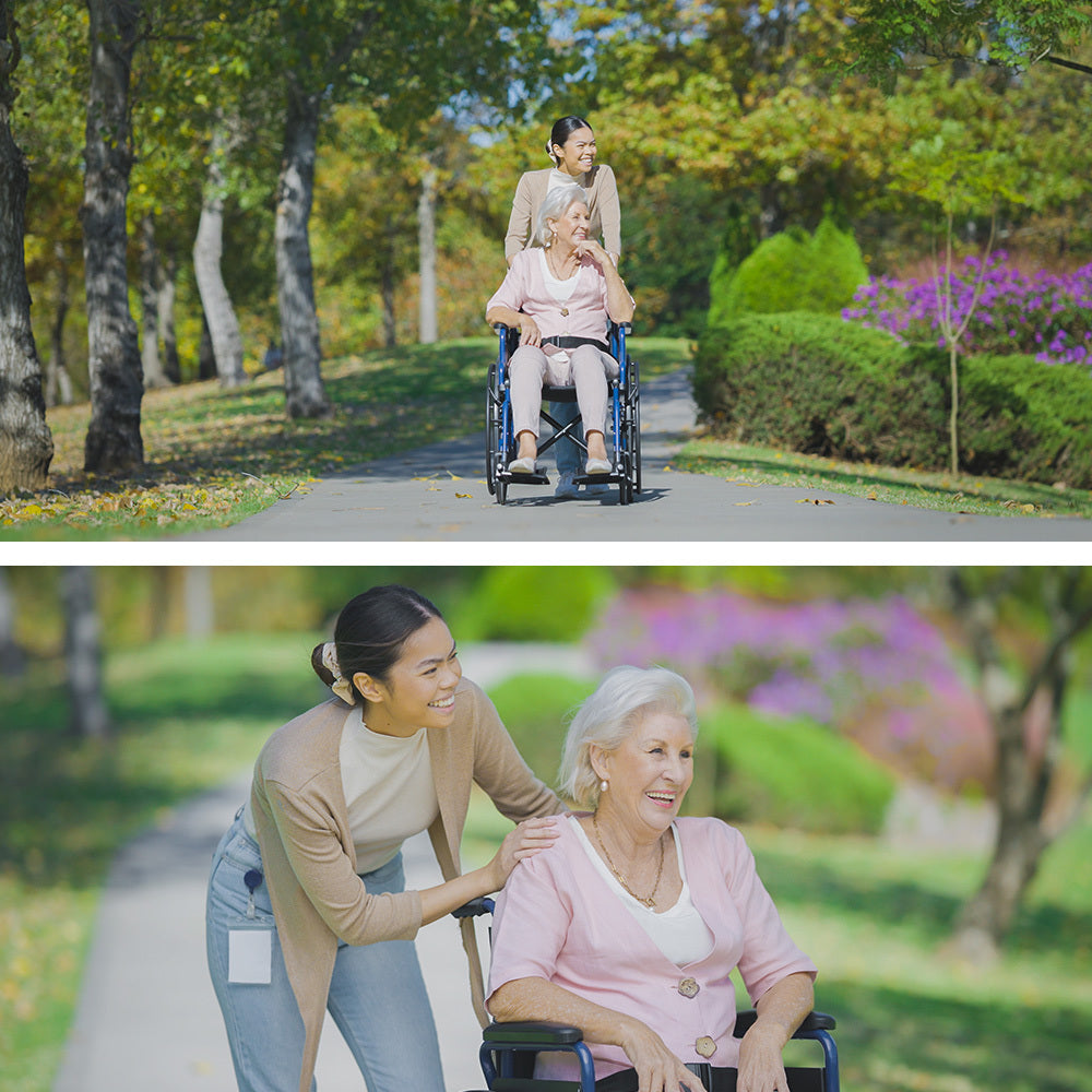 Blue EQUIPMED Portable 24-inch lightweight wheelchair with foldable design and 136kg capacity, suitable for mobility and accessibility.