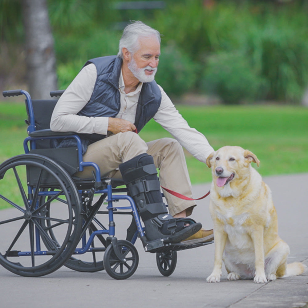 Blue EQUIPMED portable wheelchair with 24-inch wheels, lightweight design, foldable frame, and 136kg capacity for mobility assistance.
