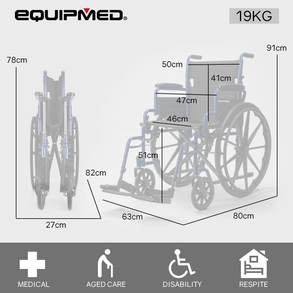 Blue EQUIPMED Portable Wheelchair with 24-inch wheels, lightweight design, folding frame, and 136kg capacity for mobility.