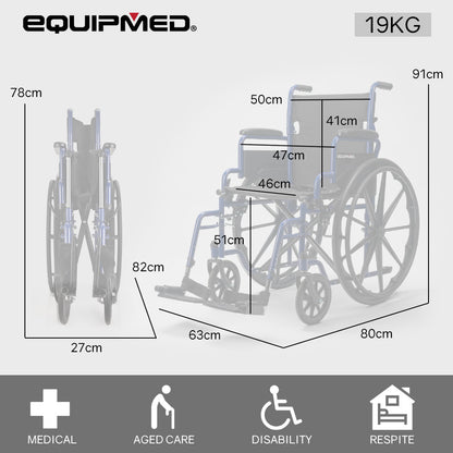 Blue EQUIPMED Portable Wheelchair with 24-inch wheels, lightweight design, folding frame, and 136kg capacity for mobility.