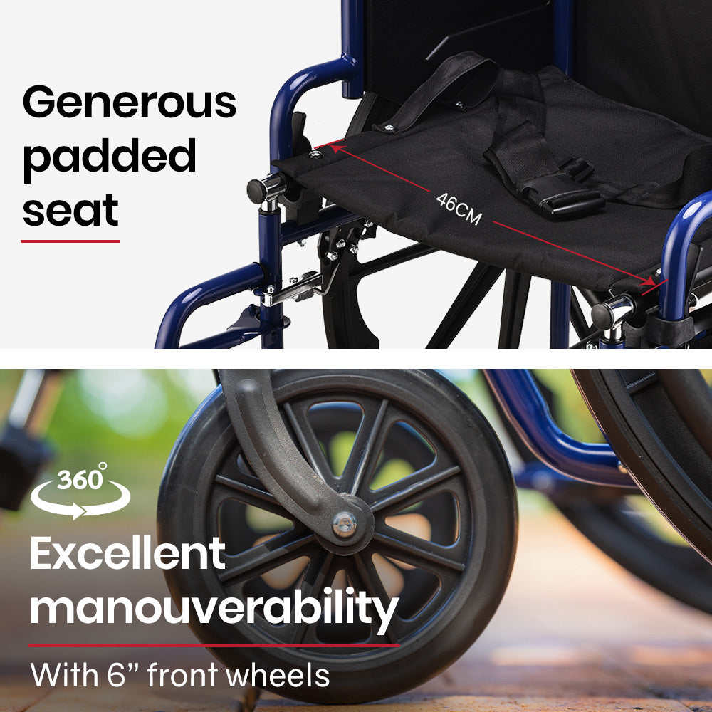 Blue EQUIPMED Portable Wheelchair with 24-inch wheels, lightweight design, foldable frame, and 136kg capacity for mobility support.