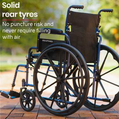 Blue EQUIPMED portable wheelchair with 24-inch wheels, lightweight design, foldable frame, and 136kg capacity for mobility.