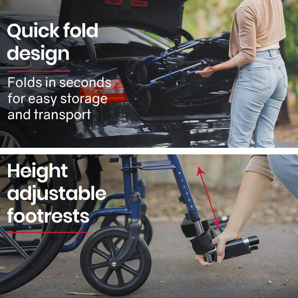 Blue EQUIPMED Portable Wheelchair with 24-inch wheels, lightweight design, and 136kg capacity for easy mobility and accessibility.