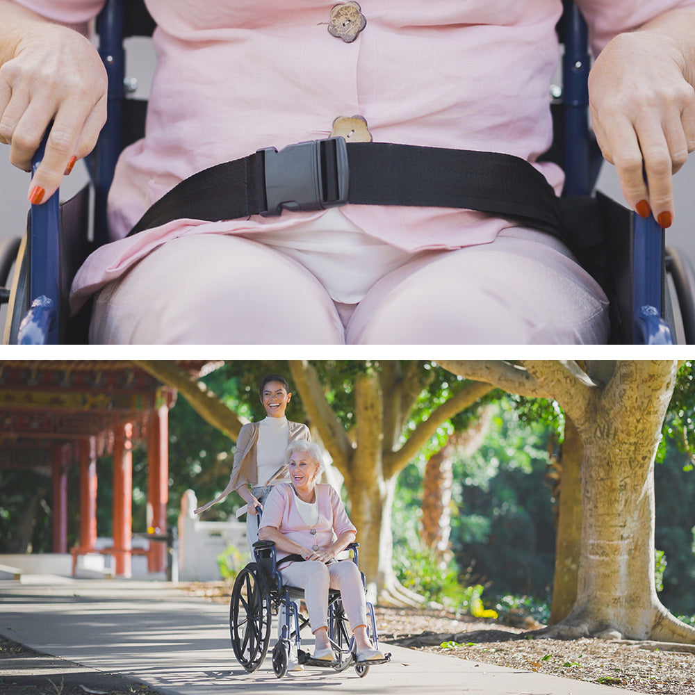 Blue EQUIPMED portable wheelchair with 24-inch wheels, lightweight design, foldable frame, suitable for mobility and accessibility.