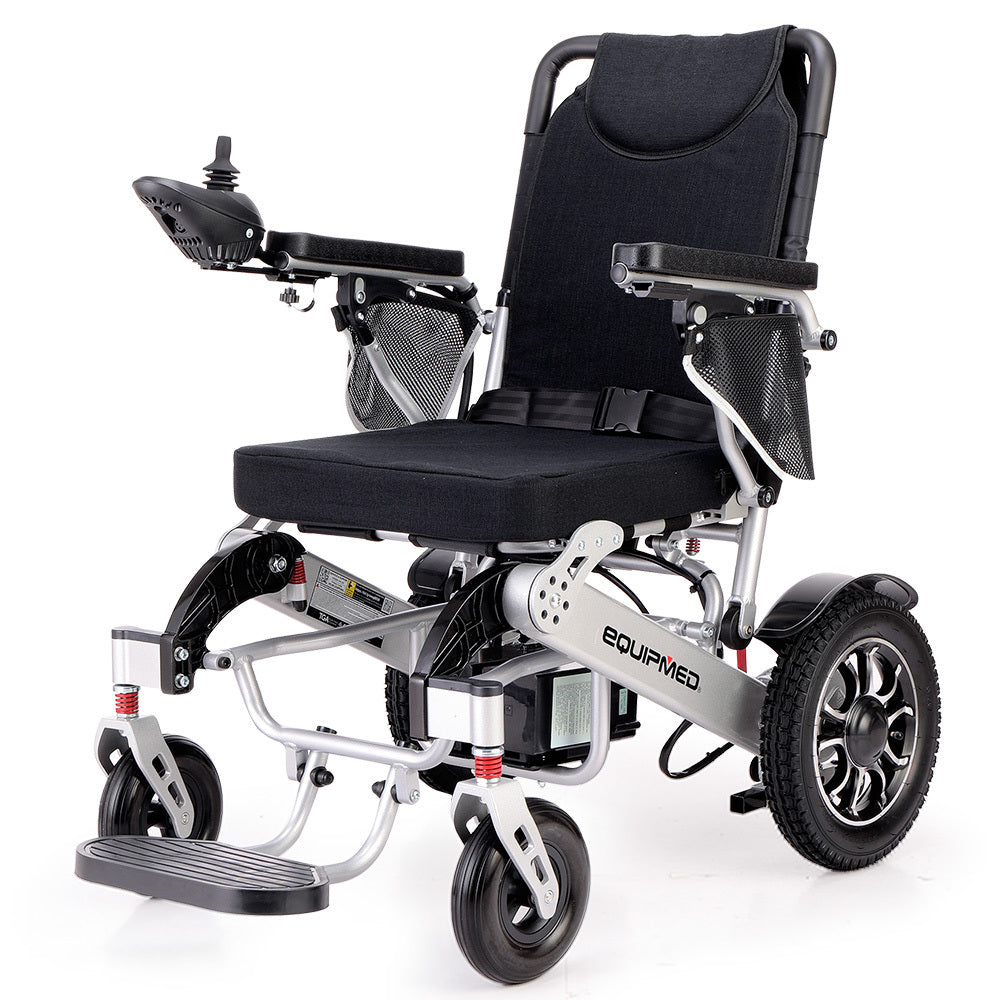 Hlpmedical EQUIPMED Power Electric Wheelchair in black and silver, lightweight, foldable design with lithium batteries for long-range mobility.